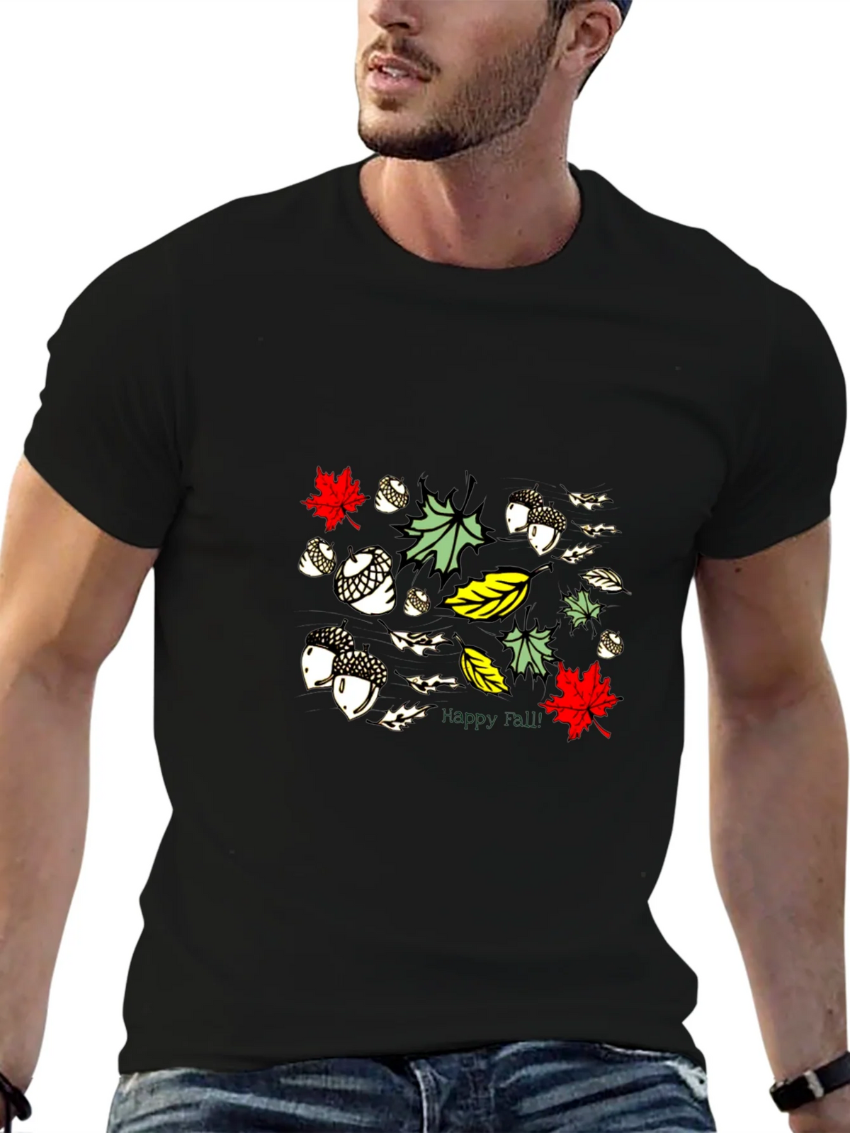 Fall Leaves & Acorn Black Graphic Tee